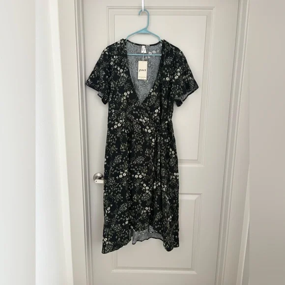 Pact Organic Cotton Crepe Green Floral Midi Wrap Dress Flutter Sleeves NWT XL - Picture 2 of 6